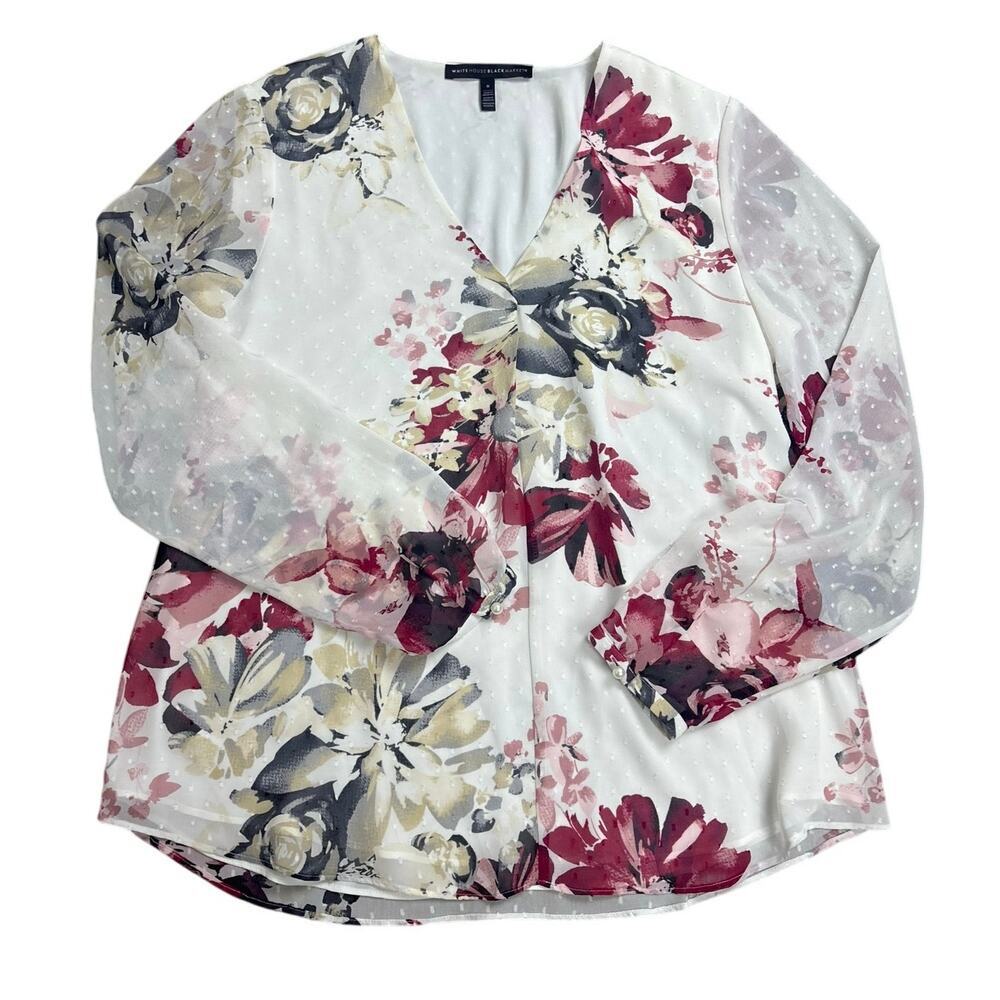 White House Black Market Floral Blouse Women’s 8 – Sheer Sleeve Romantic Top